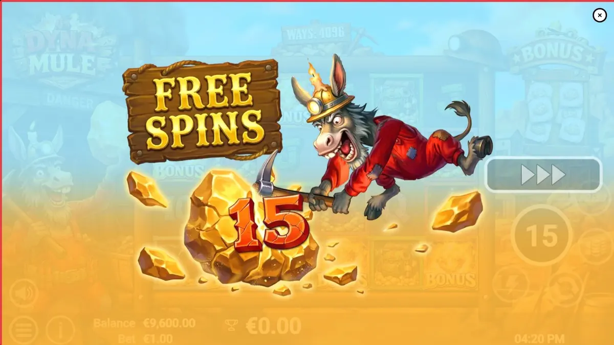 Interface do slot Dyna Mule com elementos de mineração e símbolos de dinamite