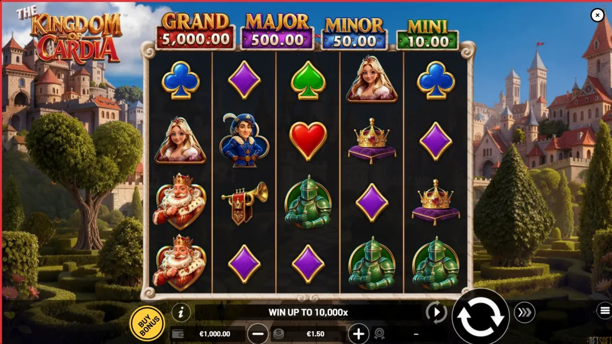 Interface do slot The Kingdom of Cardia com elementos de fantasia e cartas