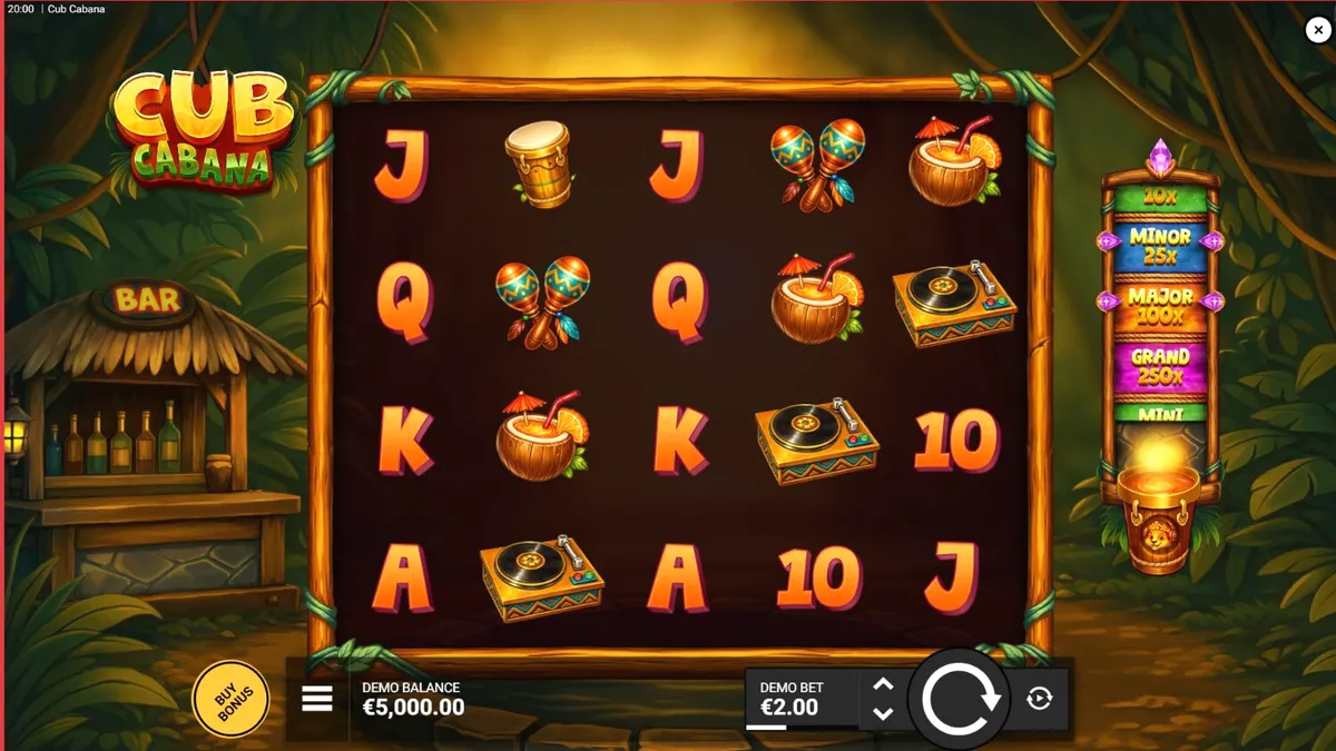 Interface colorida e tropical do slot Cub Cabana com símbolos de festa