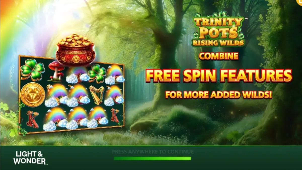 Interface vibrante do slot Trinity Pots Rising Wilds com elementos temáticos irlandeses